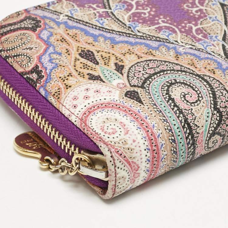 Pre Owned Etro Purple Printed Coated Canvas Zip Around Wallet