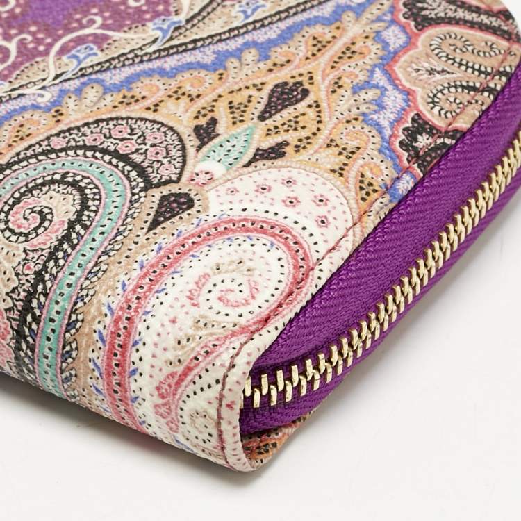 Pre Owned Etro Purple Printed Coated Canvas Zip Around Wallet
