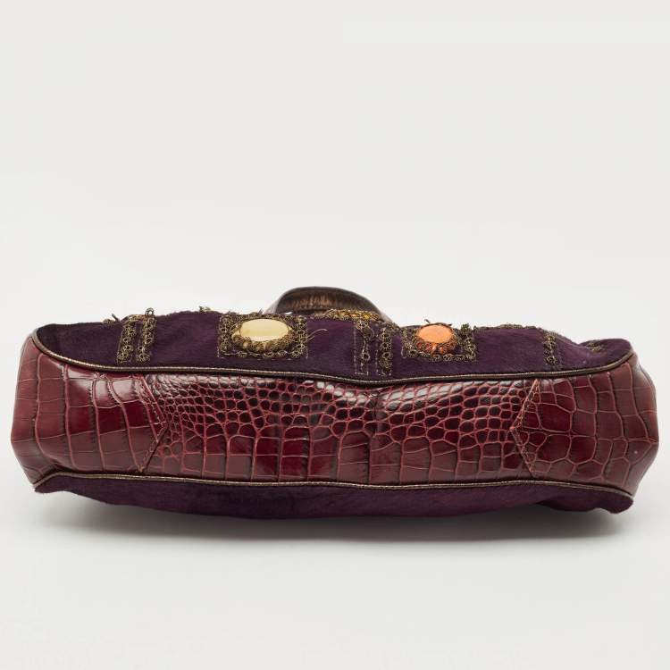 Pre Owned Etro Purple Calfhair and Croc Embossed Leather Embellished Frame Satchel