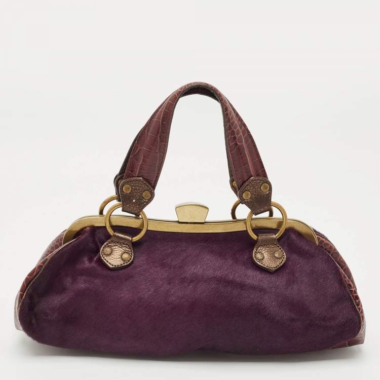 Pre Owned Etro Purple Calfhair and Croc Embossed Leather Embellished Frame Satchel
