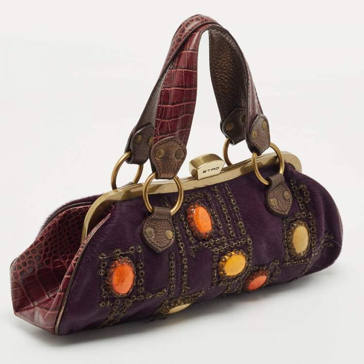 Pre Owned Etro Purple Calfhair and Croc Embossed Leather Embellished Frame Satchel