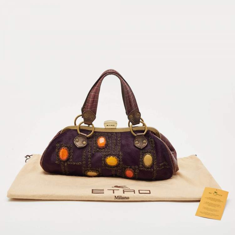 Pre Owned Etro Purple Calfhair and Croc Embossed Leather Embellished Frame Satchel