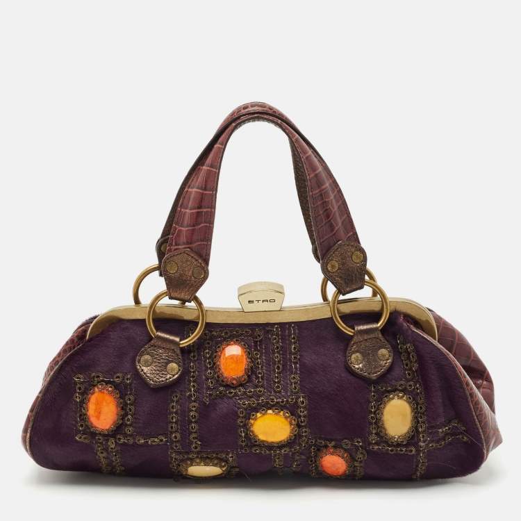 Pre Owned Etro Purple Calfhair and Croc Embossed Leather Embellished Frame Satchel