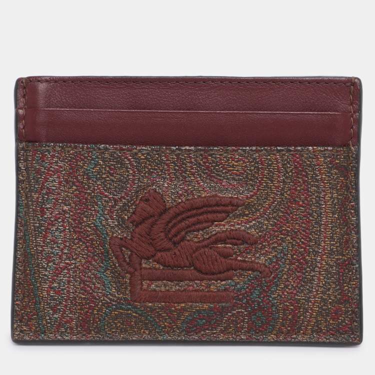 Pre Owned Etro Brown Paisley Print Coated Canvas Logo Embroidered Card Holder
