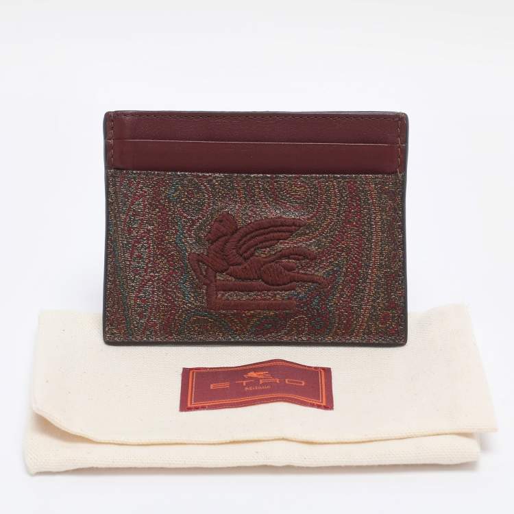 Pre Owned Etro Brown Paisley Print Coated Canvas Logo Embroidered Card Holder