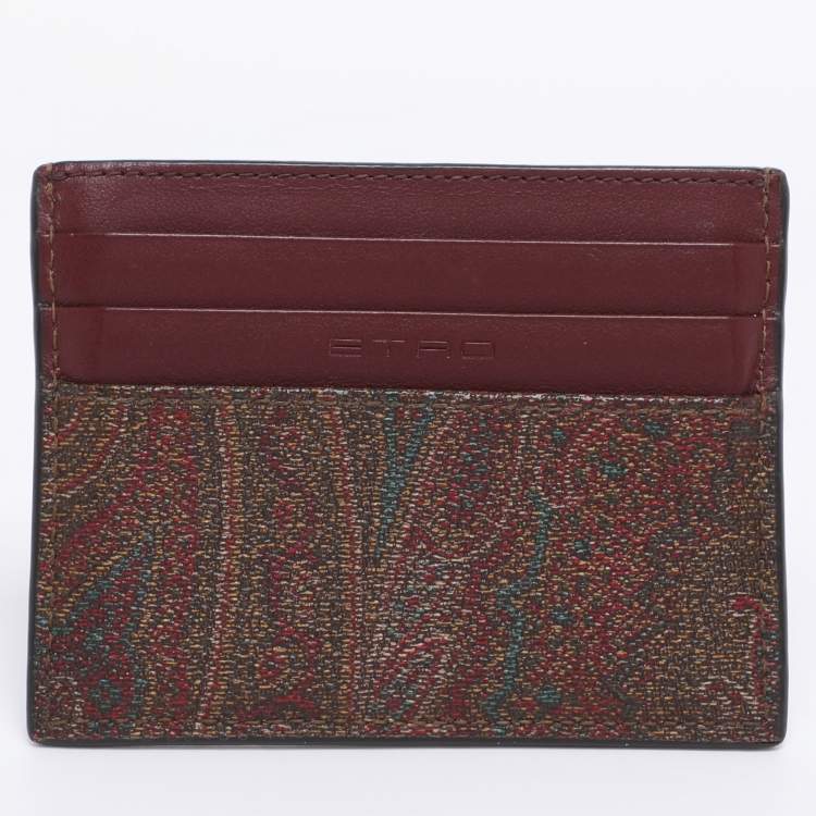 Pre Owned Etro Brown Paisley Print Coated Canvas Logo Embroidered Card Holder