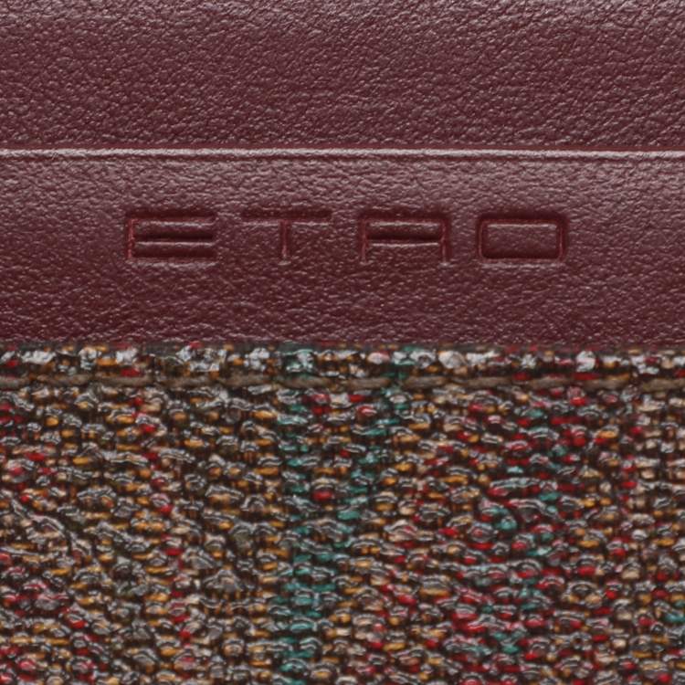 Pre Owned Etro Brown Paisley Print Coated Canvas Logo Embroidered Card Holder