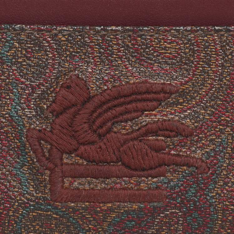 Pre Owned Etro Brown Paisley Print Coated Canvas Logo Embroidered Card Holder