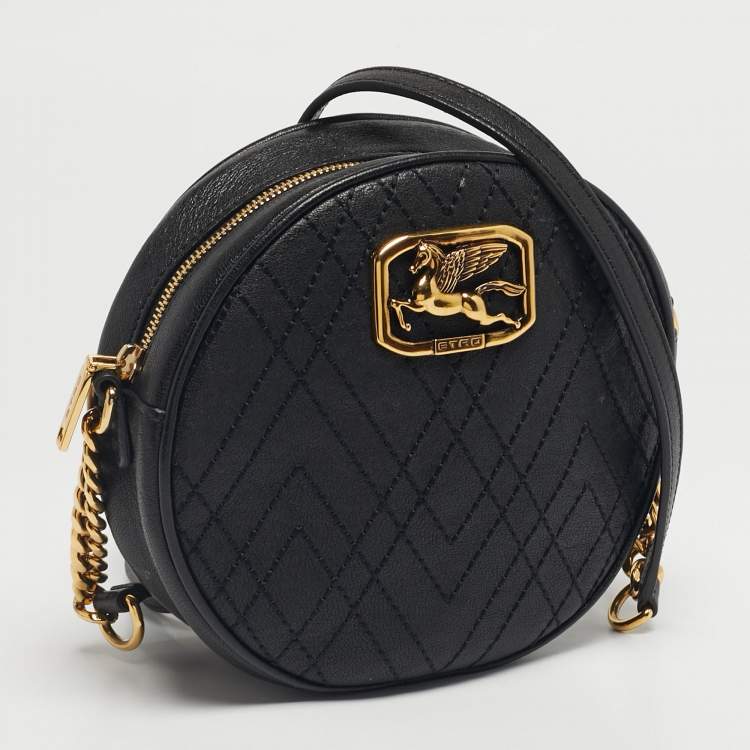 Pre Owned Etro Black Leather Pegaso Round Crossbody Bag
