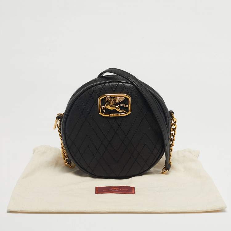 Pre Owned Etro Black Leather Pegaso Round Crossbody Bag