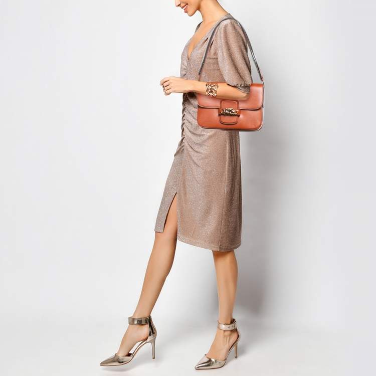 Pre Owned Etro Brick Brown Leather Pegaso Flap Shoulder Bag