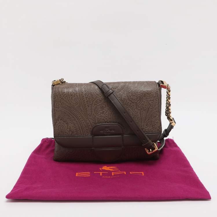 Pre Owned Etro Brown Paisley Embossed Leather Crossbody Bag