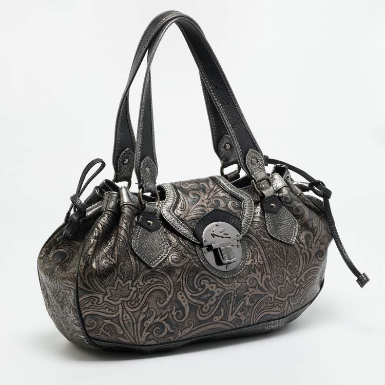 مملوكة مسبقًا Etro Metallic Paisley Embossed Leather Drawstring Hobo