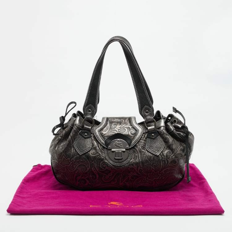 مملوكة مسبقًا Etro Metallic Paisley Embossed Leather Drawstring Hobo
