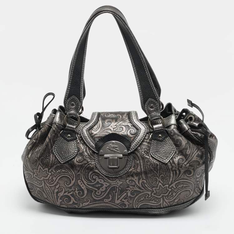 مملوكة مسبقًا Etro Metallic Paisley Embossed Leather Drawstring Hobo