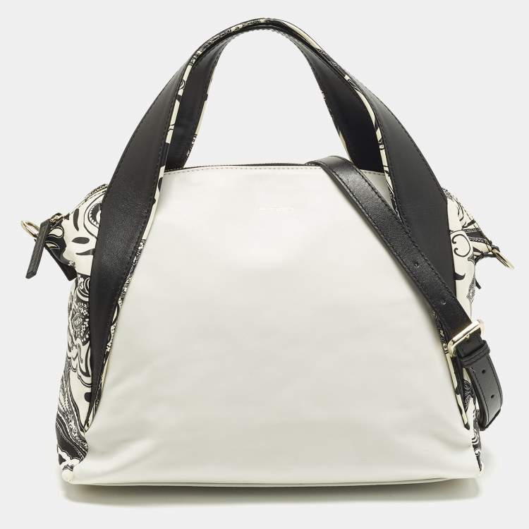 Pre Owned Etro White/Black Paisley Print Leather Satchel