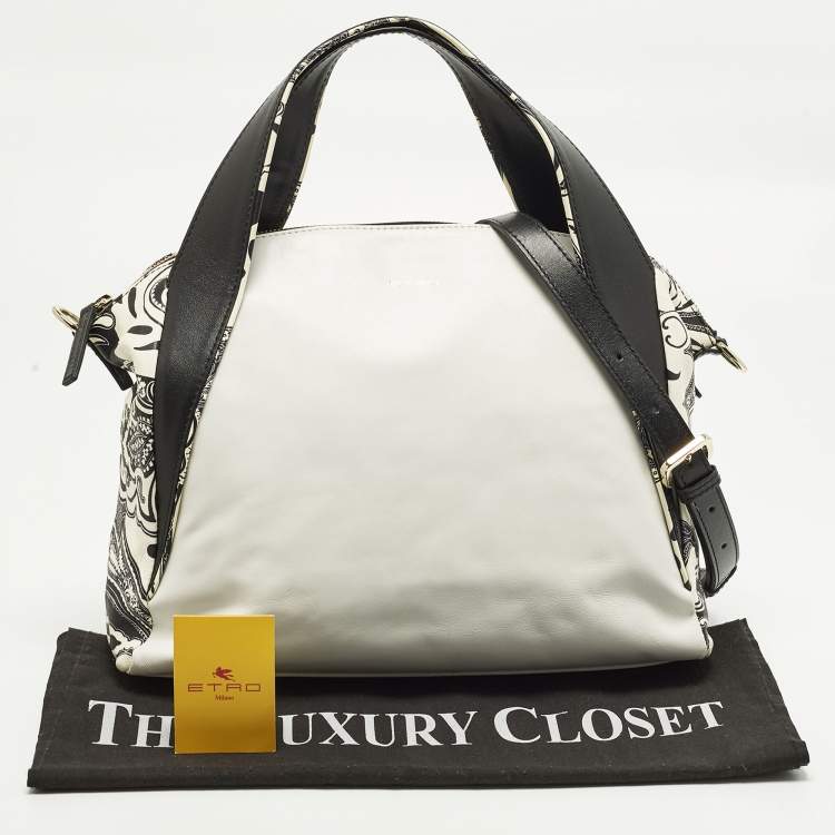 Pre Owned Etro White/Black Paisley Print Leather Satchel