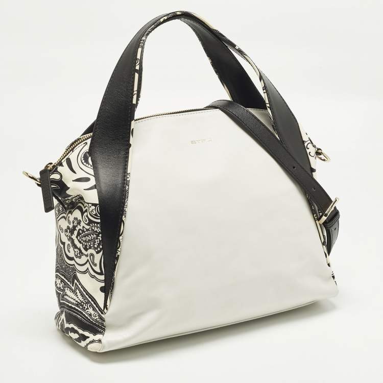 Pre Owned Etro White/Black Paisley Print Leather Satchel