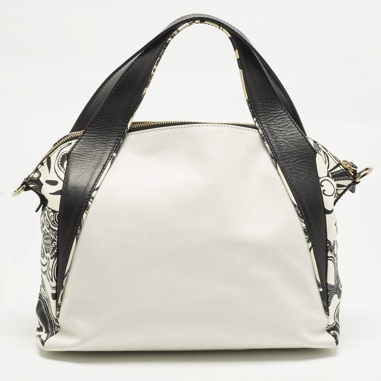 Pre Owned Etro White/Black Paisley Print Leather Satchel