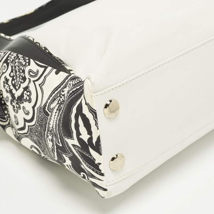 Pre Owned Etro White/Black Paisley Print Leather Satchel