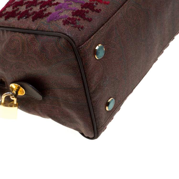 Pre Owned Etro Brown Paisley Printed Coated Canvas Sequins Boston Bag