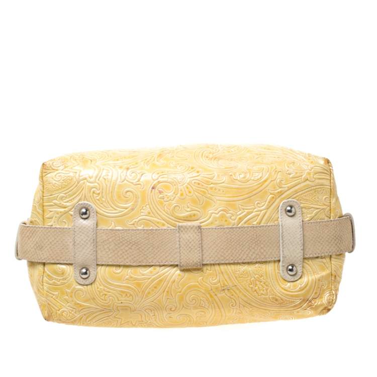 Pre Owned Etro Yellow Paisley Embossed Patent Leather Tote
