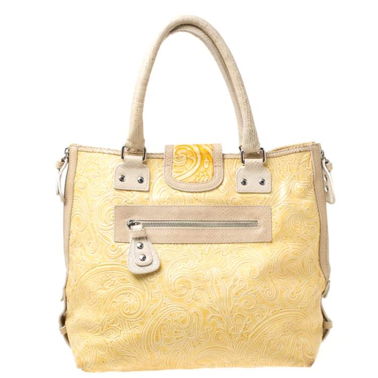 Pre Owned Etro Yellow Paisley Embossed Patent Leather Tote