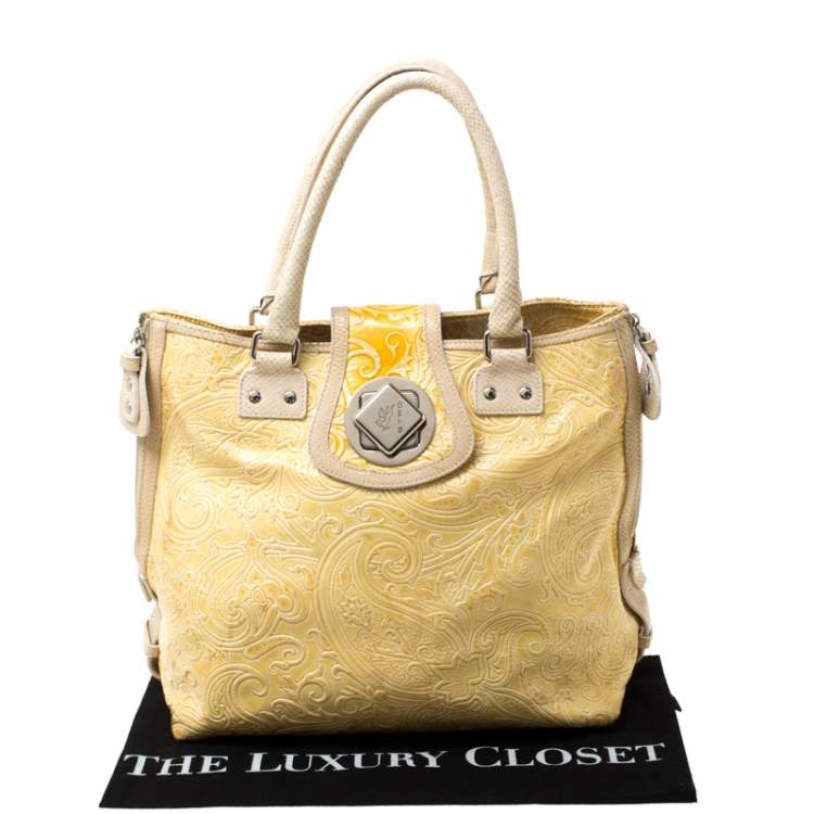 Pre Owned Etro Yellow Paisley Embossed Patent Leather Tote