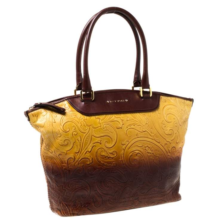 Pre Owned Etro Yellow/Brown Ombre Paisley Embossed Leather Zip Tote