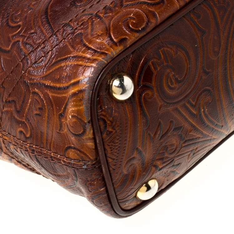Pre Owned Etro Yellow/Brown Ombre Paisley Embossed Leather Zip Tote