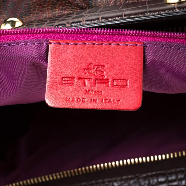 Pre Owned Etro Multicolor Paisley Coated Canvas,Croc Embossed Leather and Fabric Frame Satchel