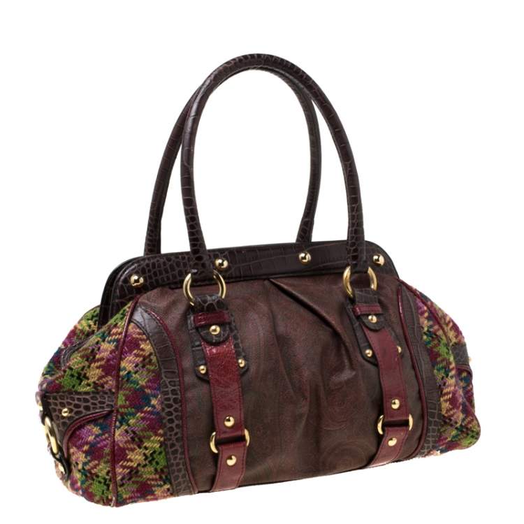 Pre Owned Etro Multicolor Paisley Coated Canvas,Croc Embossed Leather and Fabric Frame Satchel