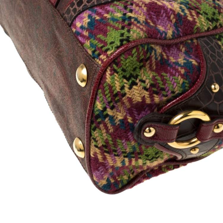 Pre Owned Etro Multicolor Paisley Coated Canvas,Croc Embossed Leather and Fabric Frame Satchel
