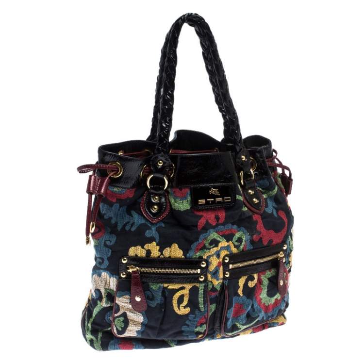 Pre Owned Etro Multicolor Floral Print Canvas and Patent Leather Tote