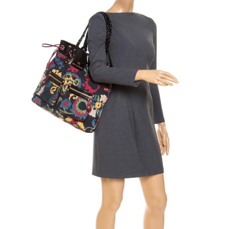 Pre Owned Etro Multicolor Floral Print Canvas and Patent Leather Tote