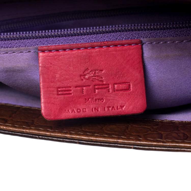 Pre Owned Etro Brown Paisley Embossed Leather Turnlock Shoulder Bag