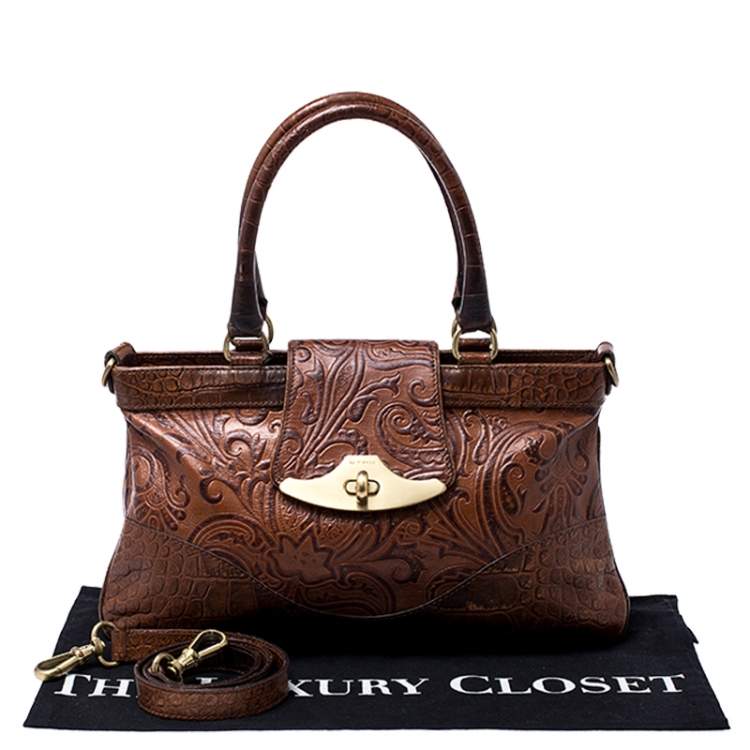 Pre Owned Etro Brown Paisley Embossed Leather Turnlock Shoulder Bag