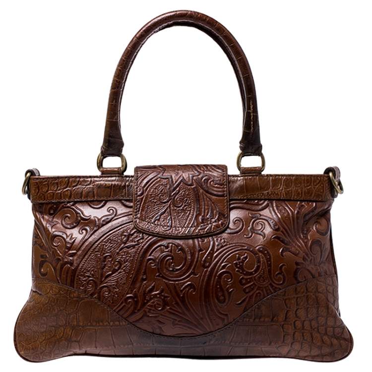Pre Owned Etro Brown Paisley Embossed Leather Turnlock Shoulder Bag