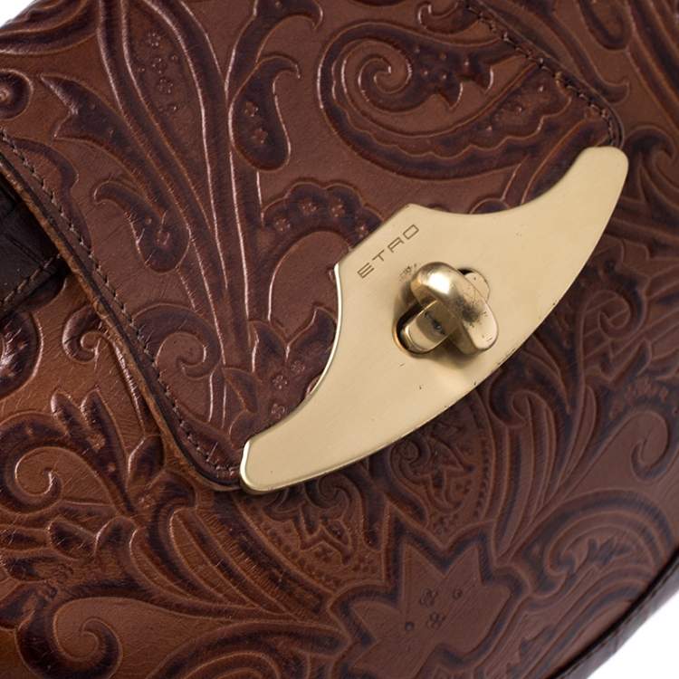 Pre Owned Etro Brown Paisley Embossed Leather Turnlock Shoulder Bag
