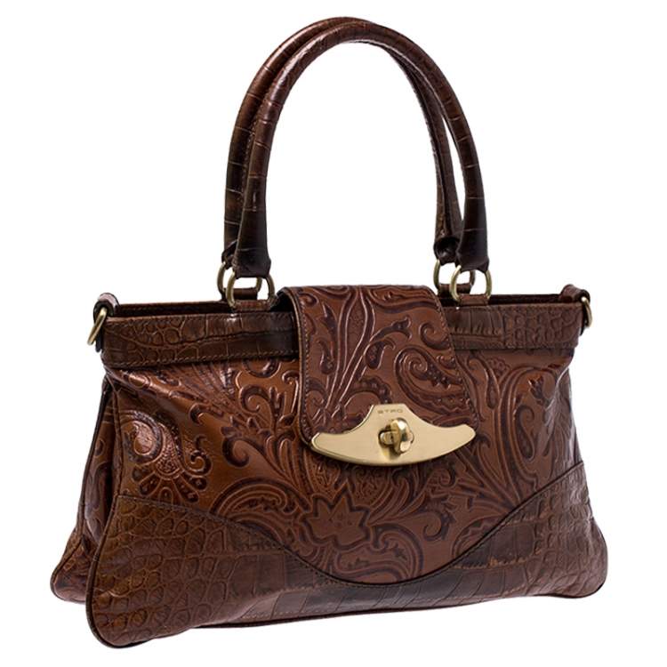 Pre Owned Etro Brown Paisley Embossed Leather Turnlock Shoulder Bag