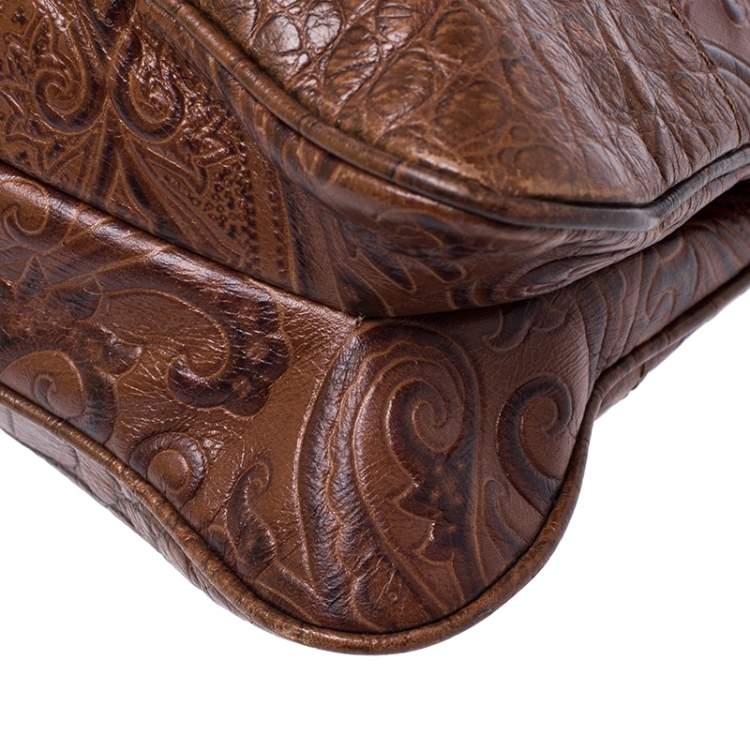 Pre Owned Etro Brown Paisley Embossed Leather Turnlock Shoulder Bag
