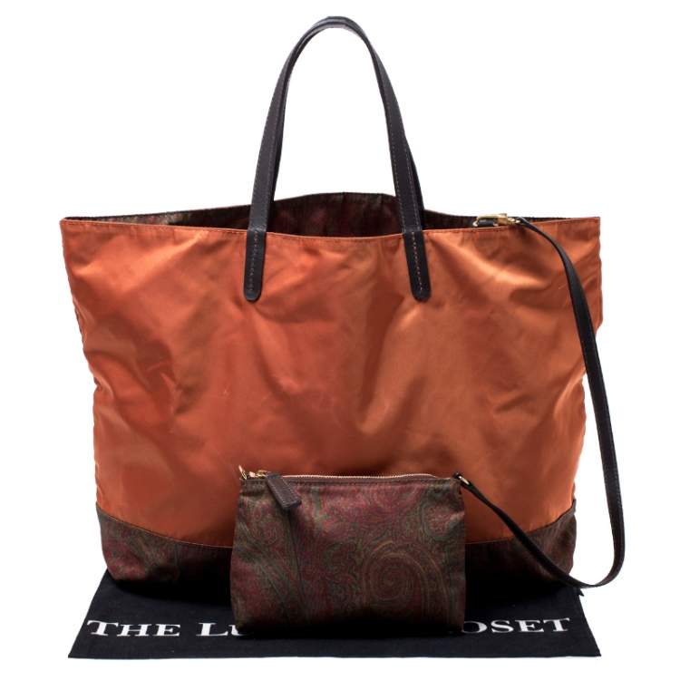 Pre Owned Etro Orange Paisley Nylon Reversible Shopper Tote