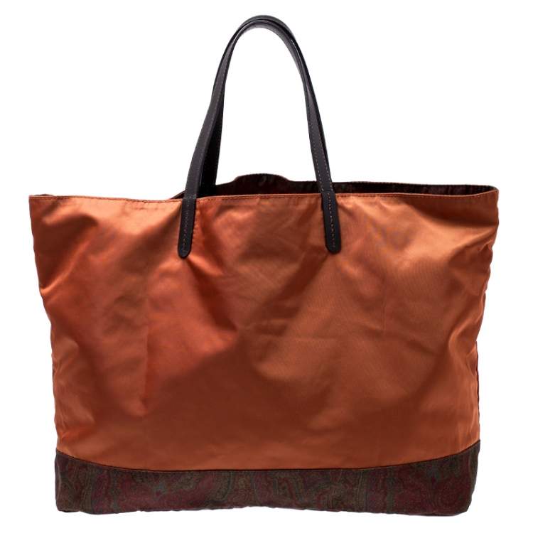 Pre Owned Etro Orange Paisley Nylon Reversible Shopper Tote