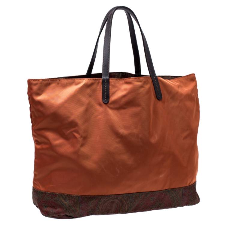 Pre Owned Etro Orange Paisley Nylon Reversible Shopper Tote