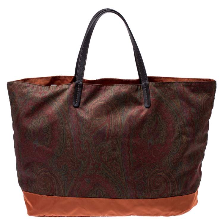 Pre Owned Etro Orange Paisley Nylon Reversible Shopper Tote