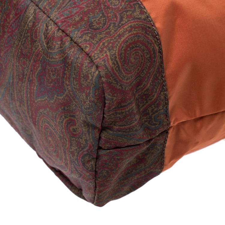 Pre Owned Etro Orange Paisley Nylon Reversible Shopper Tote