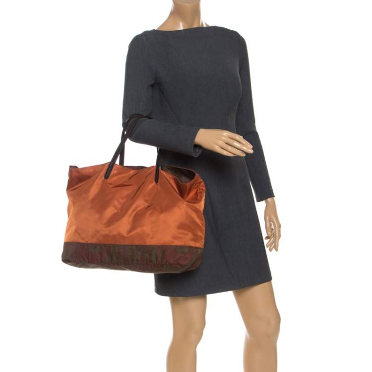Pre Owned Etro Orange Paisley Nylon Reversible Shopper Tote