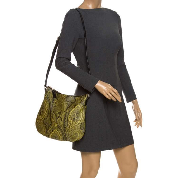 Pre Owned Etro Green/Yellow Paisley Print Coated Canvas and Leather Crossbody Bag
