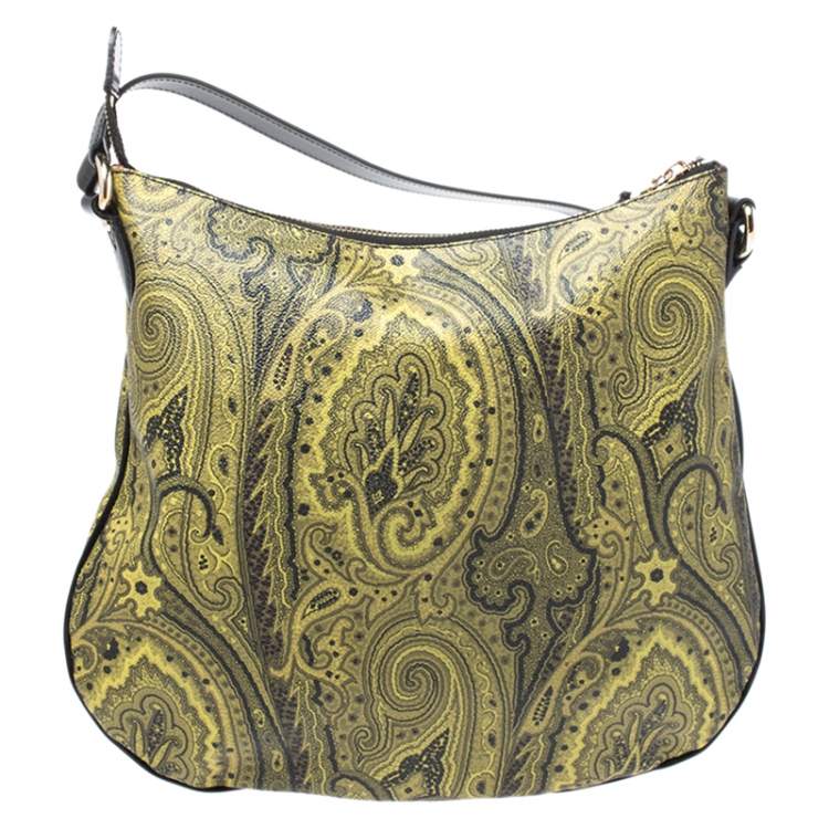 Pre Owned Etro Green/Yellow Paisley Print Coated Canvas and Leather Crossbody Bag