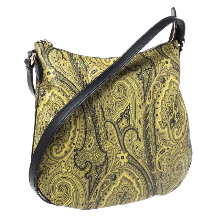 Pre Owned Etro Green/Yellow Paisley Print Coated Canvas and Leather Crossbody Bag